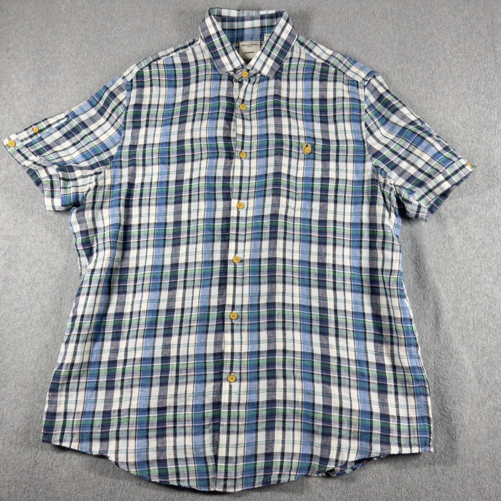 Baid Mcnutt Murano Button Down Linen Shirt Mens Large Blue Plaid Short Sleeve